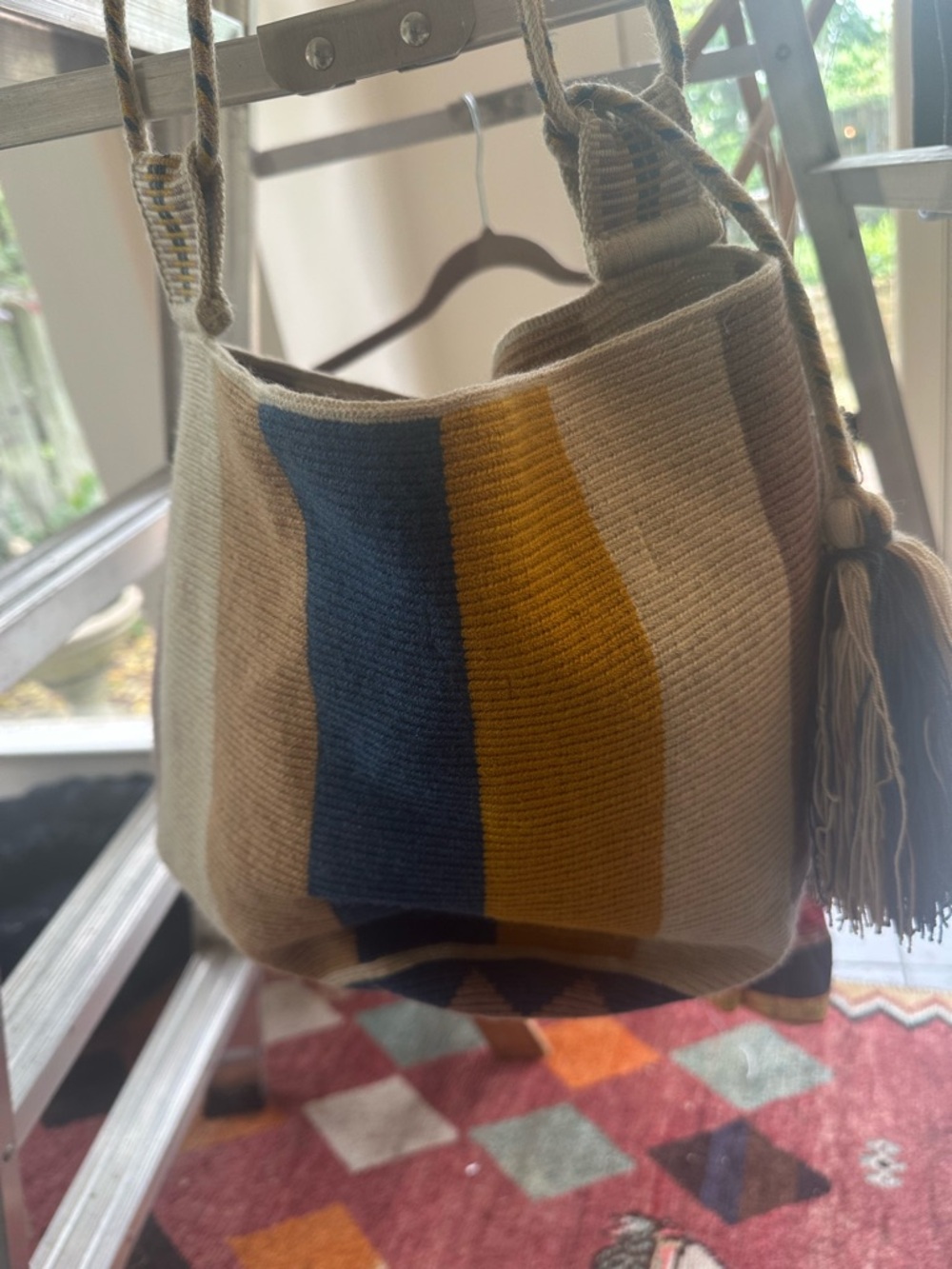 Striped Woven Shoulder Bag in Blue, Mustard & Cream